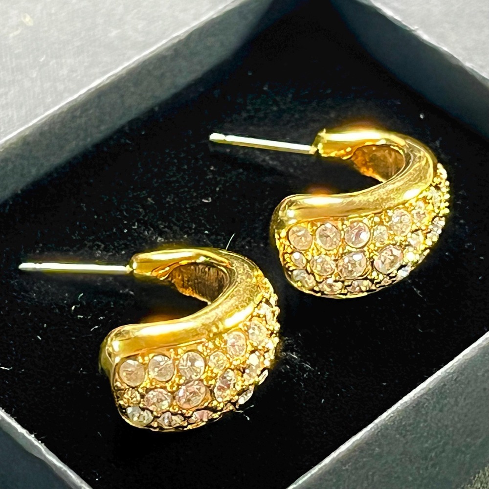 Vintage Swarovski Swan Signed Gold Plated Pave Crystal Huggie Hoop Earrings